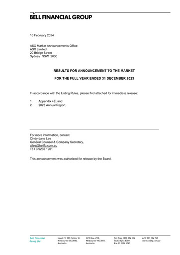 Thumbnail Bell Financial Group Annual Report 2023