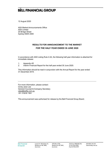 Vorschaubild Bell Financial Group Halbjahresbericht 2020-h1