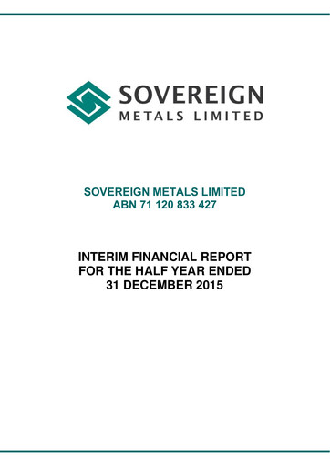 Thumbnail Sovereign Metals Financial Report 2016-h1