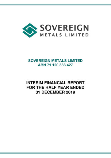 Thumbnail Sovereign Metals Financial Report 2020-h1