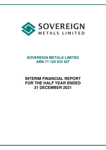 Thumbnail Sovereign Metals Financial Report 2022-h1