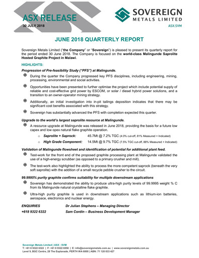Thumbnail Sovereign Metals Quarterly Report 2018-q4