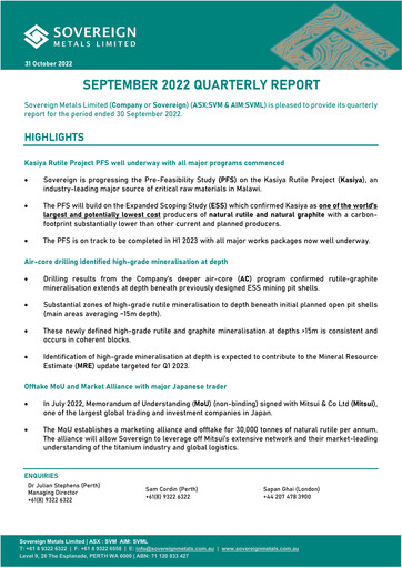 Thumbnail Sovereign Metals Quarterly Report 2022-q1