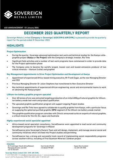 Thumbnail Sovereign Metals Quarterly Report 2023-q2