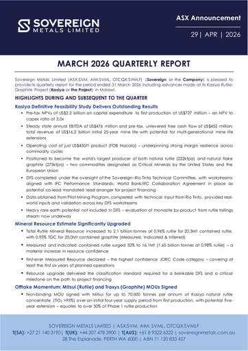 Thumbnail Sovereign Metals Quarterly Report 2026-q1