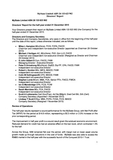 Thumbnail MyState Limited Financial Report 2014-h1
