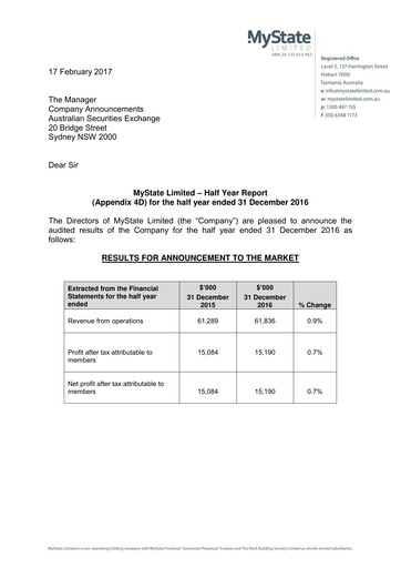 Thumbnail MyState Limited Financial Report 2017-h1