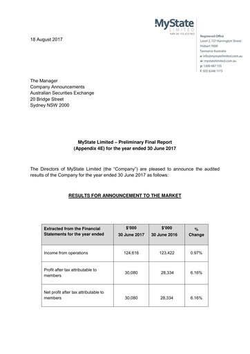 Thumbnail MyState Limited Financial Report 2017