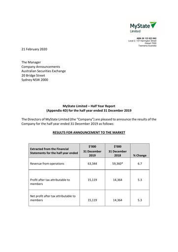 Thumbnail MyState Limited Financial Report 2020-h1