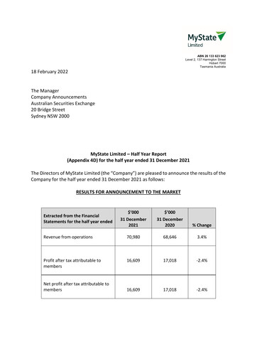 Thumbnail MyState Limited Financial Report 2022-h1