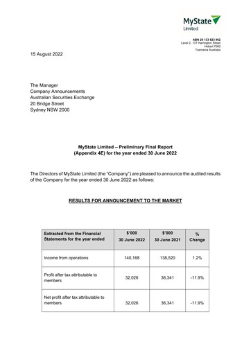 Thumbnail MyState Limited Financial Report 2022