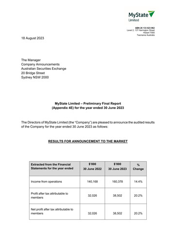 Thumbnail MyState Limited Financial Report 2023