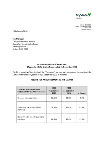 Thumbnail MyState Limited Financial Report 2024-h1