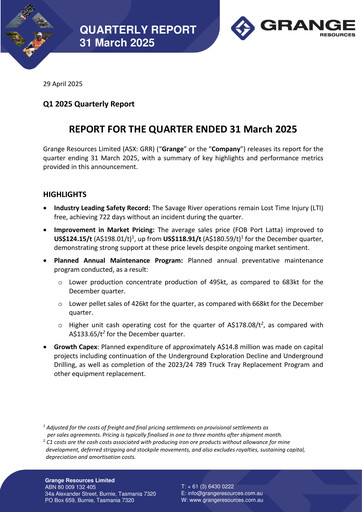 Thumbnail Grange Resources Quarterly Report 2025-q1