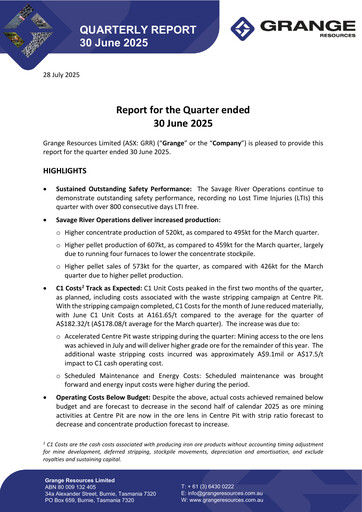 Thumbnail Grange Resources Quarterly Report 2025-q2