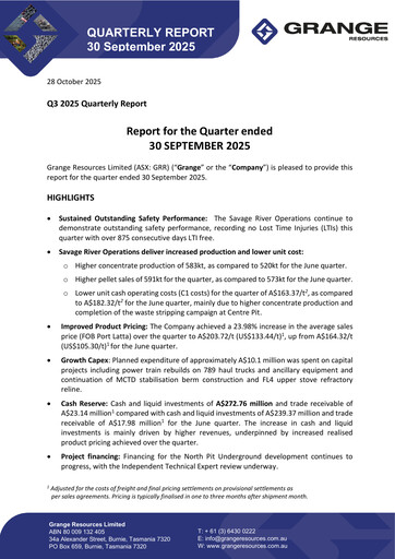Thumbnail Grange Resources Quarterly Report 2025-q3