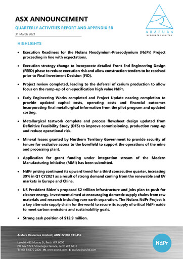 Thumbnail Arafura Rare Earths Quarterly Report 2021-q3