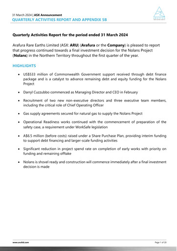 Thumbnail Arafura Rare Earths Quarterly Report 2024-q3