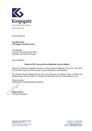Thumbnail Kingsgate Consolidated Limited Annual Report 2013