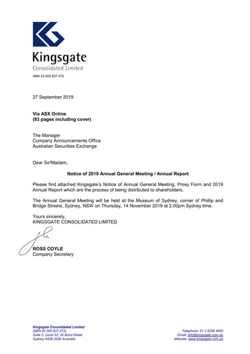 Thumbnail Kingsgate Consolidated Limited Annual Report 2019