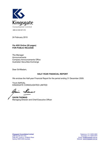 Thumbnail Kingsgate Consolidated Limited Financial Report 2010-h1