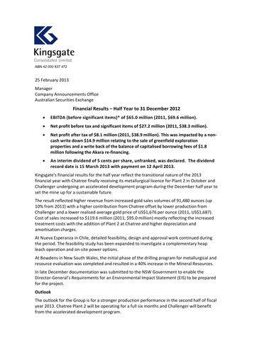 Thumbnail Kingsgate Consolidated Limited Financial Report 2013-h1