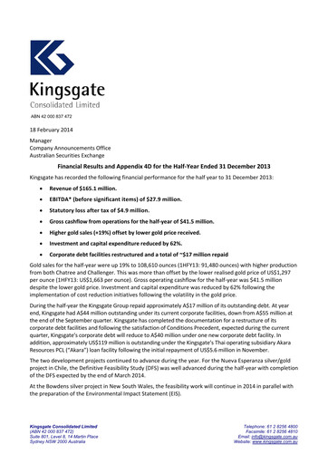Thumbnail Kingsgate Consolidated Limited Financial Report 2014-h1