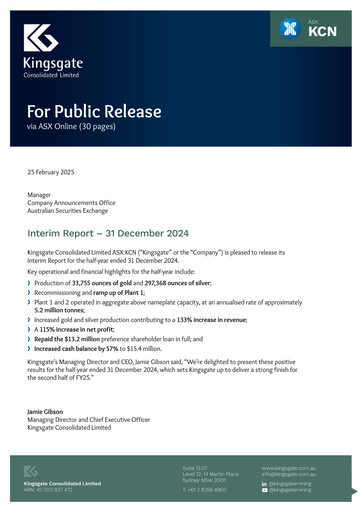 Thumbnail Kingsgate Consolidated Limited Financial Report 2025-h1