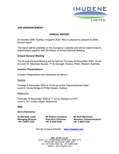 Miniature Imugene Rapport annuel 2005