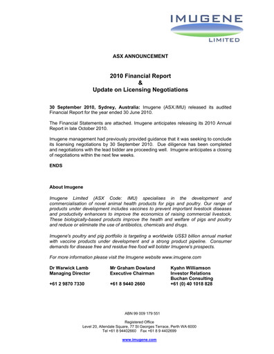 Thumbnail Imugene Financial Report 2010