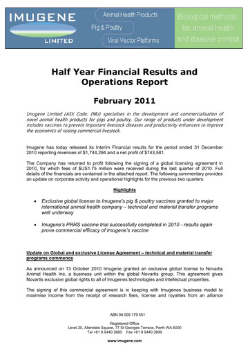 Miniature Imugene Rapport semestriel 2011-h1