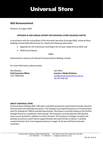 Miniature Universal Store Holdings Rapport annuel 2024