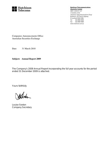 Thumbnail Hutchison Telecommunications (Australia) Annual Report 2009