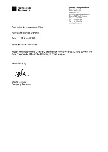 Thumbnail Hutchison Telecommunications (Australia) Half-year Report 2009-h1