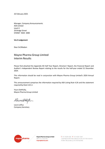 Thumbnail Mayne Pharma Group Financial Report 2025-h1