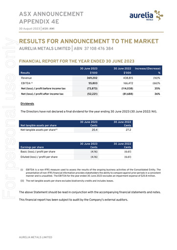 Thumbnail Aurelia Metals Financial Report 2023