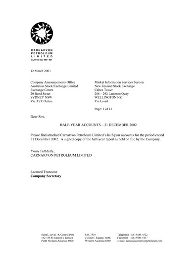 Thumbnail Carnarvon Energy Financial Report 2003-h1