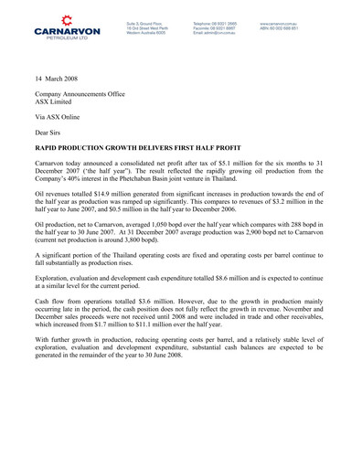 Thumbnail Carnarvon Energy Financial Report 2008-h1