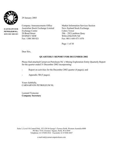 Thumbnail Carnarvon Energy Quarterly Report 2002-q4