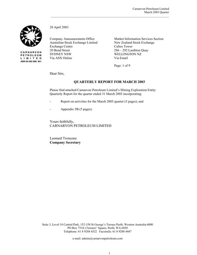 Thumbnail Carnarvon Energy Quarterly Report 2003-q1