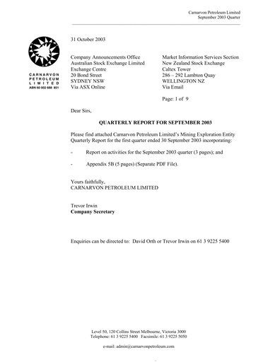 Thumbnail Carnarvon Energy Quarterly Report 2003-q3