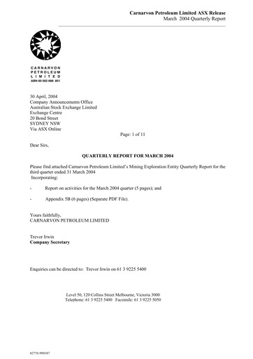 Thumbnail Carnarvon Energy Quarterly Report 2004-q1