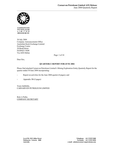Thumbnail Carnarvon Energy Quarterly Report 2004-q2