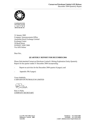 Thumbnail Carnarvon Energy Quarterly Report 2004-q4