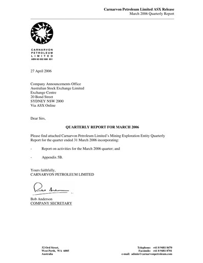 Thumbnail Carnarvon Energy Quarterly Report 2006-q1