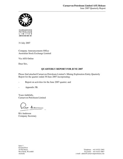 Thumbnail Carnarvon Energy Quarterly Report 2007-q2