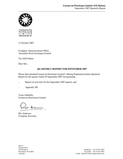 Thumbnail Carnarvon Energy Quarterly Report 2007-q3