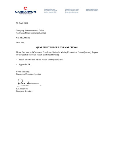 Thumbnail Carnarvon Energy Quarterly Report 2008-q1