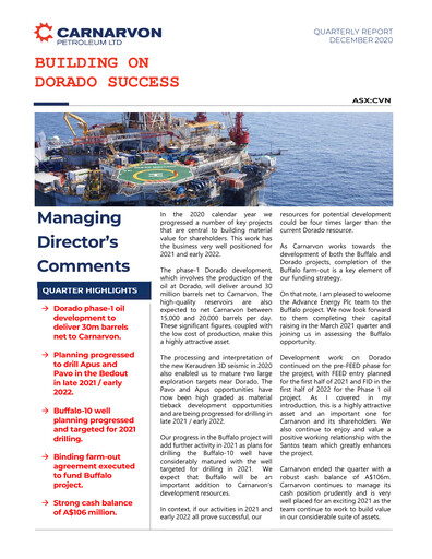 Thumbnail Carnarvon Energy Quarterly Report 2020-q4