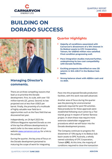 Thumbnail Carnarvon Energy Quarterly Report 2023-q2